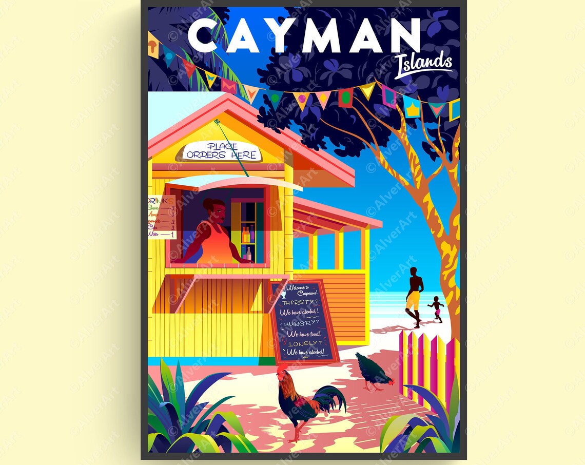 Cayman Islands Beach Shack Bar Caribbean Humor Vintage Travel Poster
