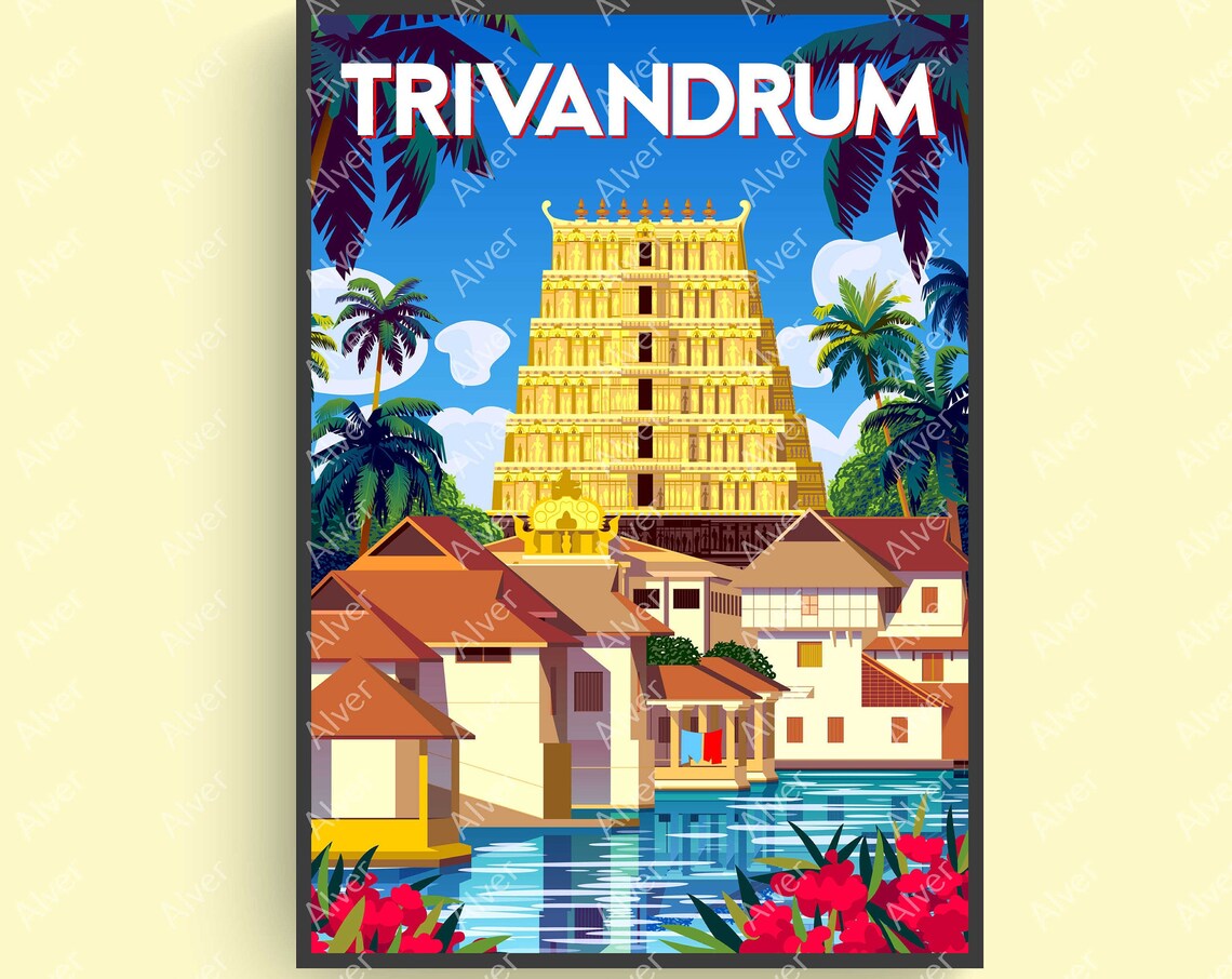 Trivandrum India Golden Temple Tower Palms Retro Travel Poster
