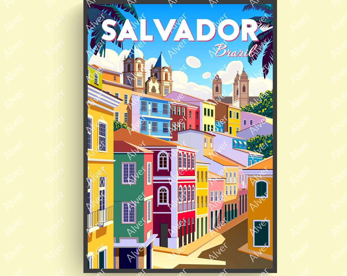 Salvador Brasil Pelourinho Colorful Colonial Streets Travel Poster