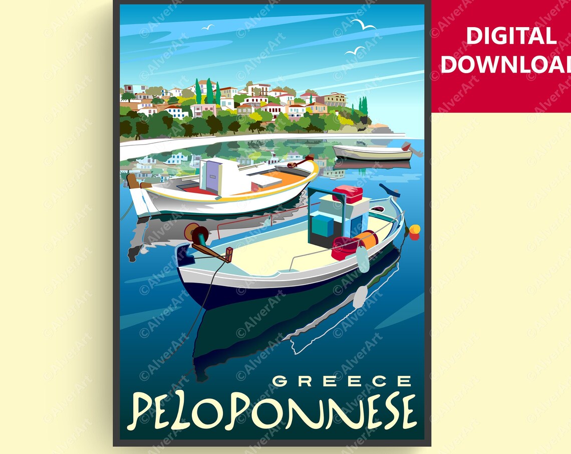 Greece Peloponnese Fishing Boats Reflections Harbor Town Poster