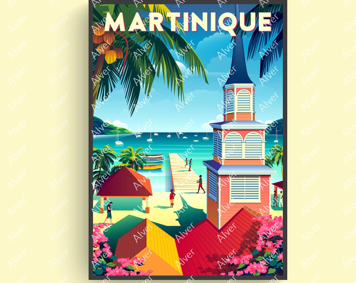 Martinique Caribbean Travel Poster With Church Tower Beach and Pier