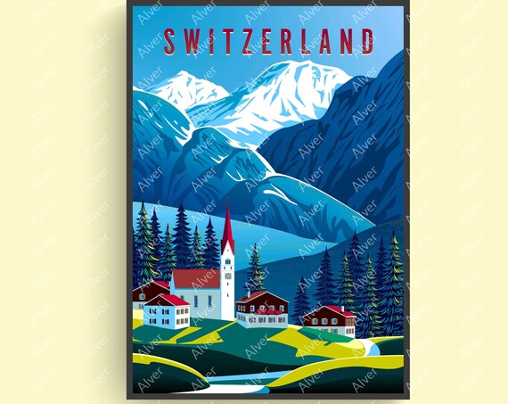 Switzerland Poster Switzerland Travel Print Mountain Poster Swiss Alps Wall Art Retro Style Print Art Unframed