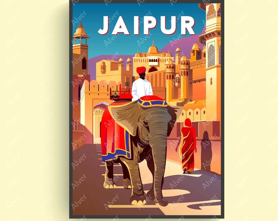 Jaipur Royal Elephant Amber Palace Pink City Retro Travel Poster