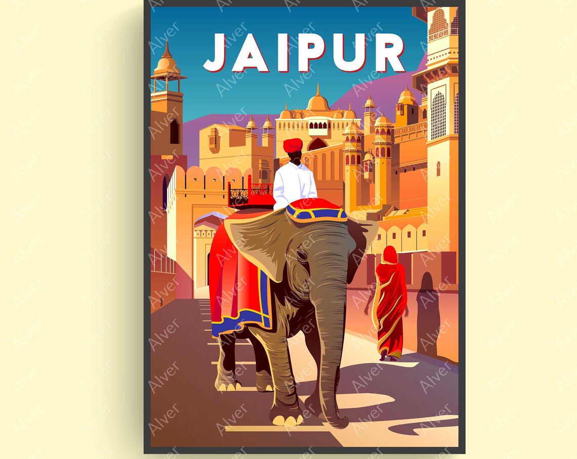 Jaipur Royal Elephant Amber Palace Pink City Retro Travel Poster