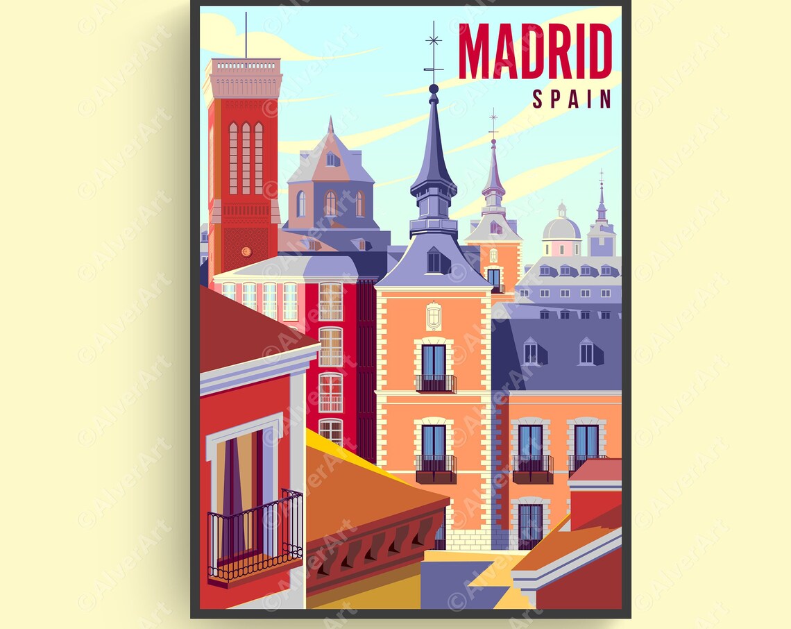 Madrid Spain Travel Poster With Plaza Mayor Rooftops and Church Spires