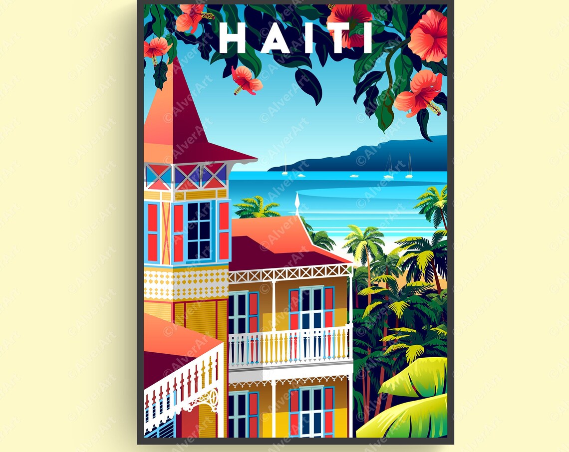 Haiti Colonial Gingerbread Houses Hibiscus Coast Travel Poster