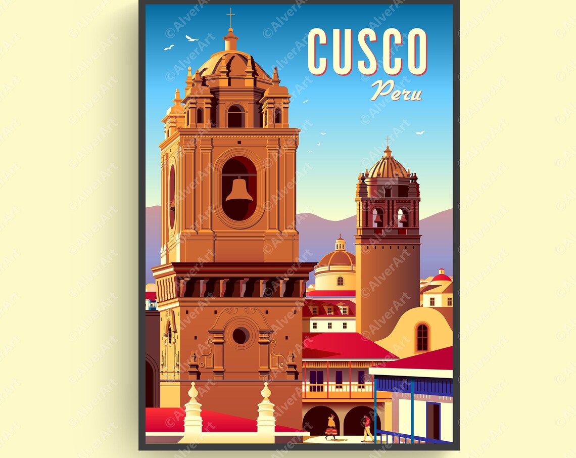 Cusco Peru Colonial Cathedral Bell Towers Retro Travel Poster