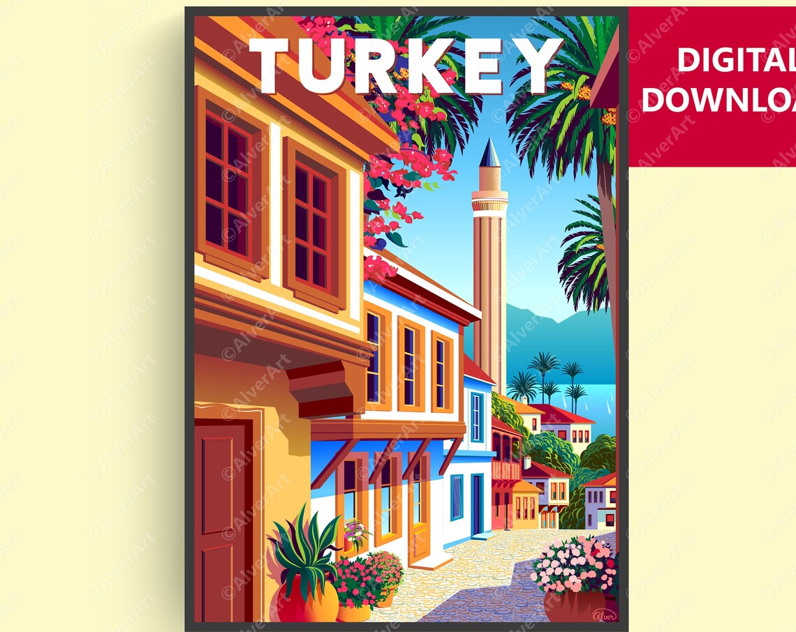 Turkey Old Town Street Minaret Ottoman Houses Coastal Travel Poster