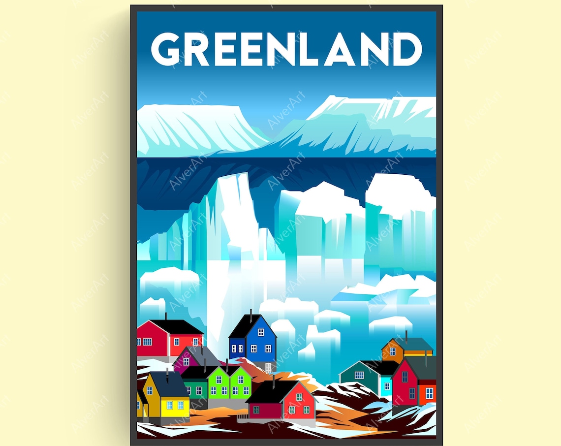 Greenland Colorful Houses Icebergs Arctic Glacier Scene Poster