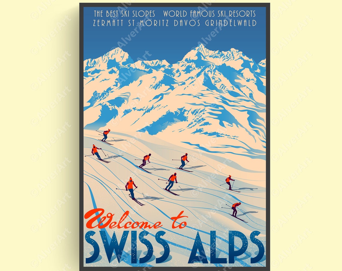 Swiss Alps Retro Ski Zermatt St Moritz Davos Mountains Poster