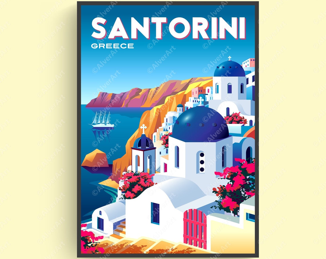 Santorini Greece Whitewashed Villages Blue Domes Travel Poster
