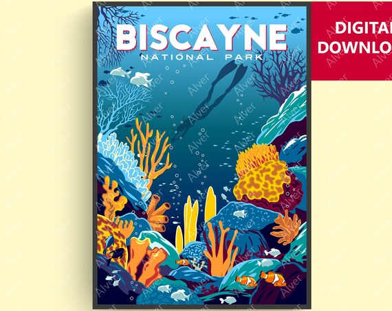 Biscayne National Park Coral Reef Underwater Vintage Travel Poster