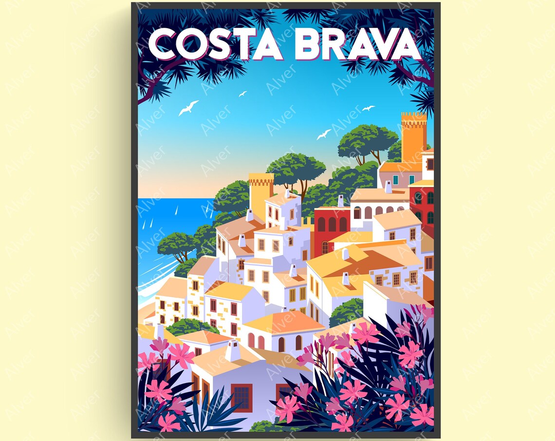 Costa Brava Spain Travel Poster With Whitewashed Coastal Village Art