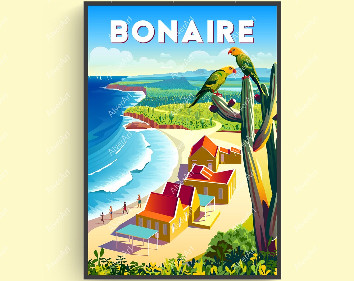 Bonaire Caribbean Parrots On Cactus Beach Houses Travel Poster