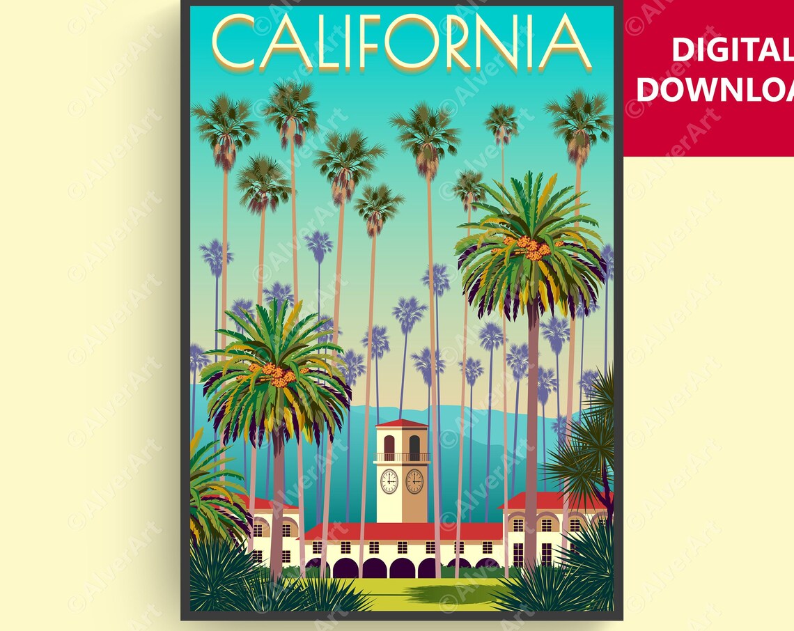 California Palm Trees Spanish Colonial Clock Tower Scene Poster