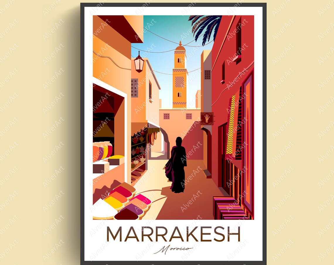 Marrakesh Morocco Vintage Travel Poster Medina Souk Minaret Scene