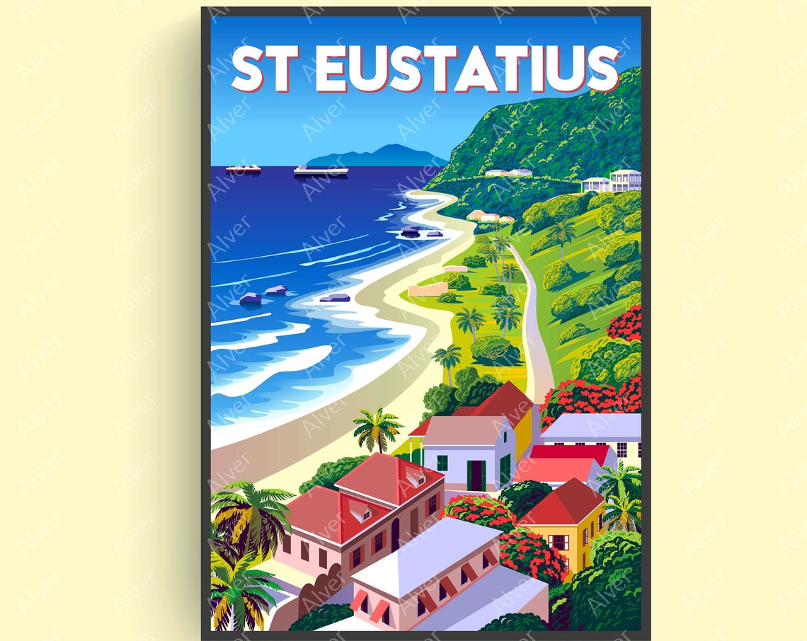 St Eustatius Caribbean Coast Colonial Town Red Roofs Scene Poster