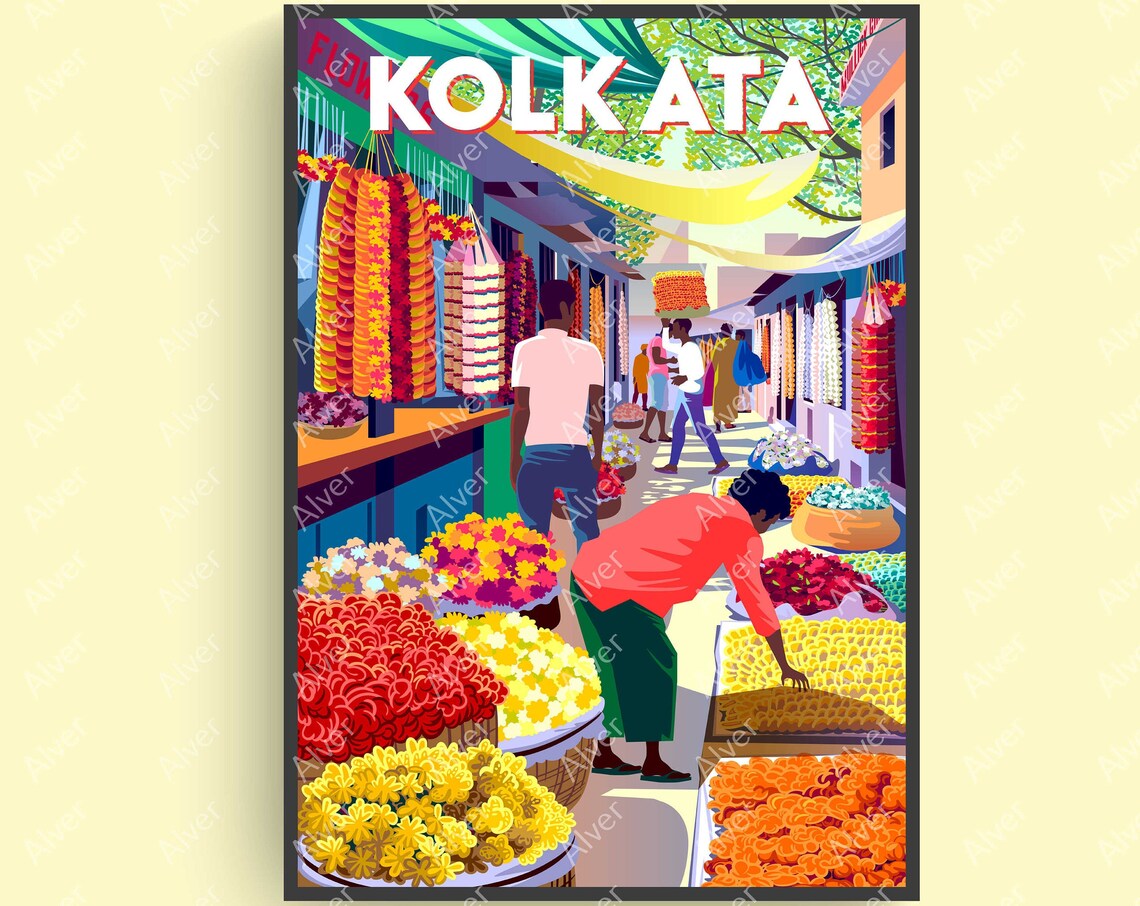 Kolkata India Flower Market Marigold Stalls Colorful Travel Poster