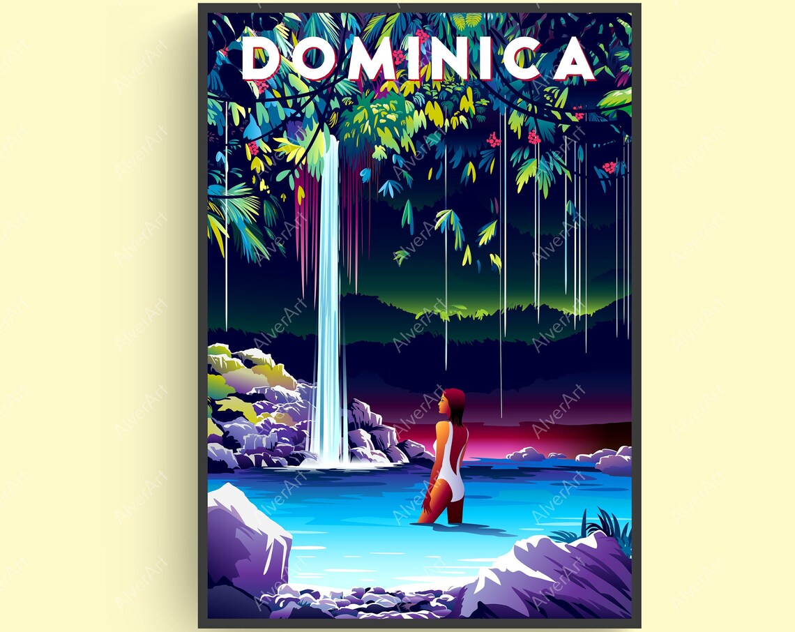 Dominica Rainforest Waterfall Night Jungle Vintage Travel Poster