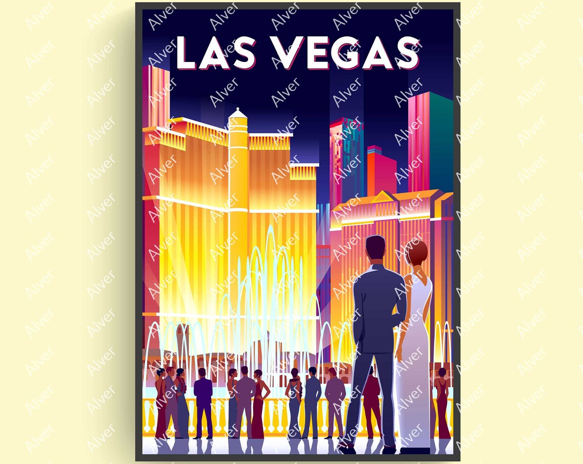 Las Vegas Strip Nevada Night Skyline Fountains Retro City Poster