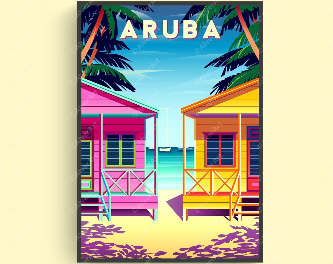 Aruba Caribbean Travel Poster With Colorful Beach Cabins and Sailboat