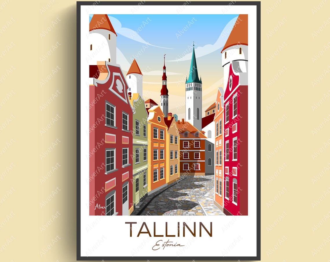 Tallinn Estonia Old Town Cobbled Street Church Spires Poster