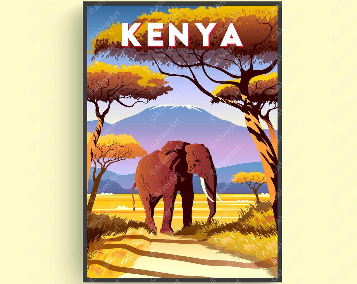 Kenya Safari Elephant Acacia Trees Golden Savanna Travel Poster