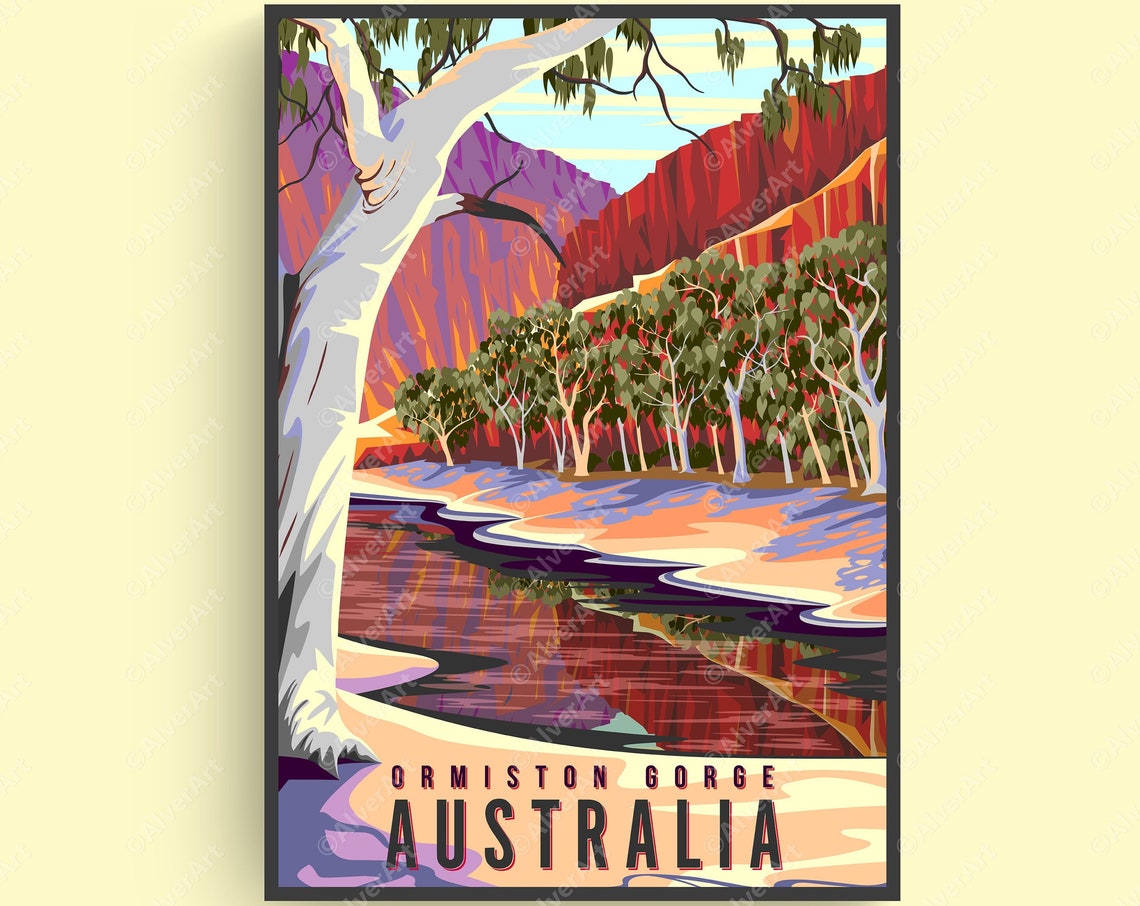 Ormiston Gorge Australia Travel Poster With Red Rock Canyon and River