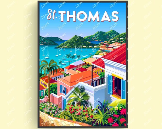St. Thomas Virgin Islands Harbor Sailboats Coastal Town Poster