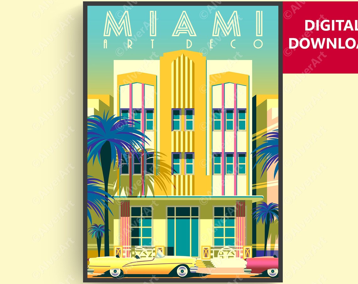 Miami Art Deco Hotel Vintage Car Palm Retro Florida Travel Poster