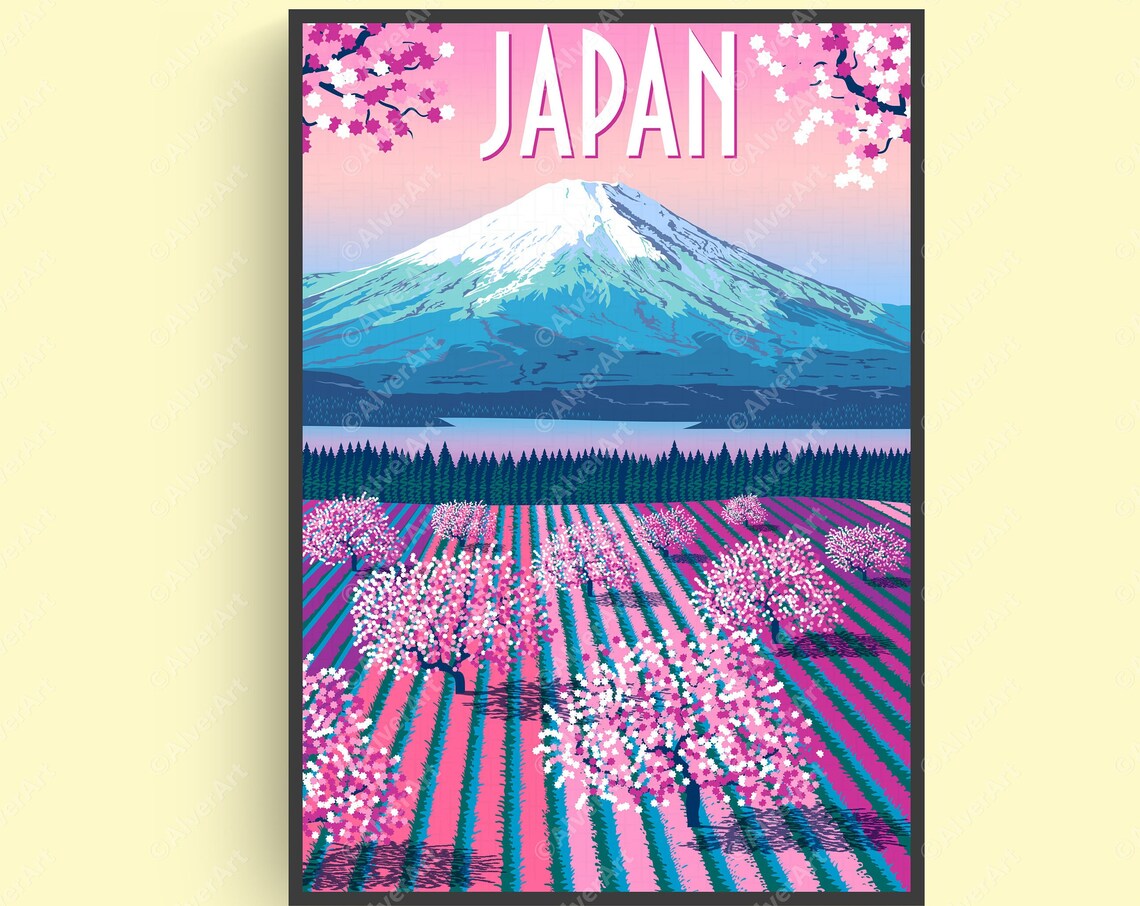 Japan Mount Fuji Vintage Travel Poster With Cherry Blossoms in Bloom