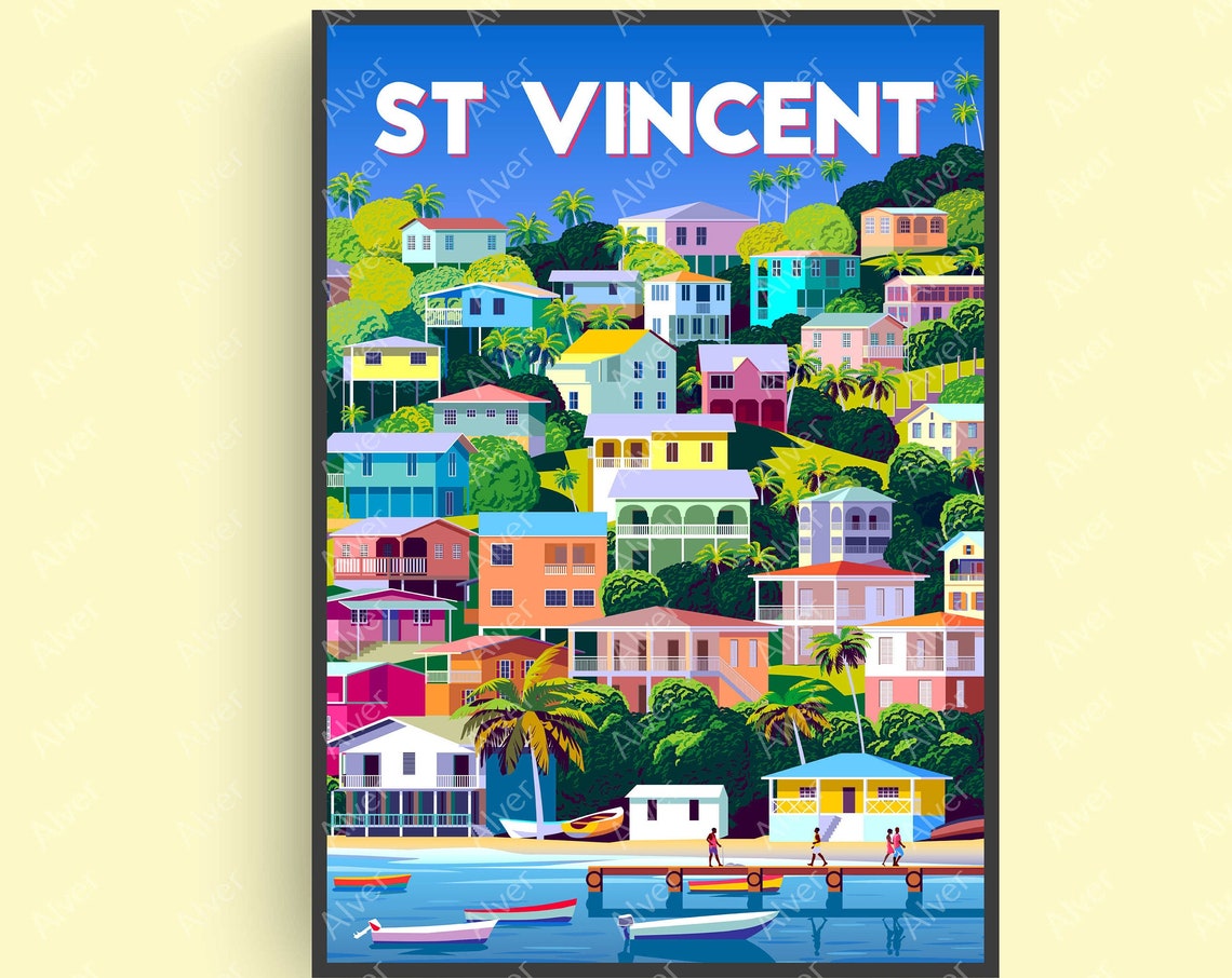 St Vincent Caribbean Colorful Hillside Houses Harbor Scene Poster