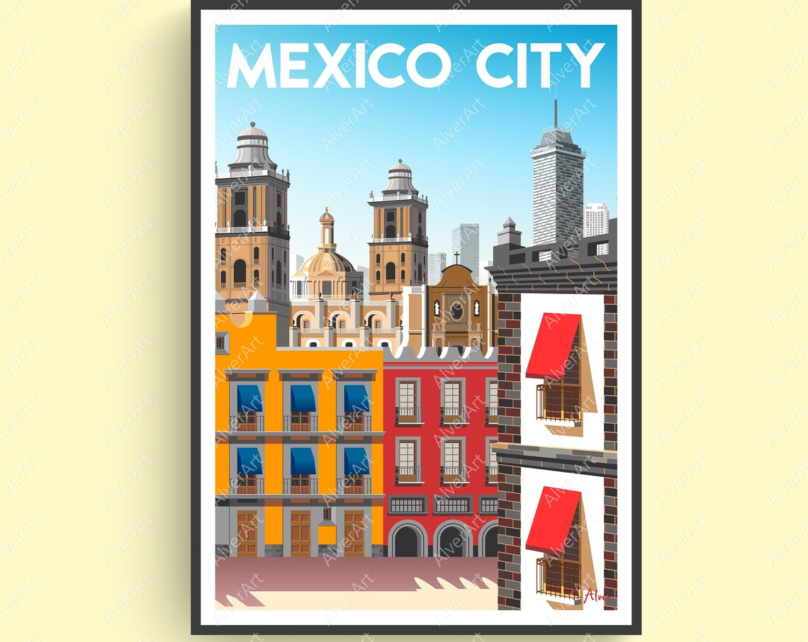 Mexico City Travel Poster With Cathedral Towers and Colonial Buildings