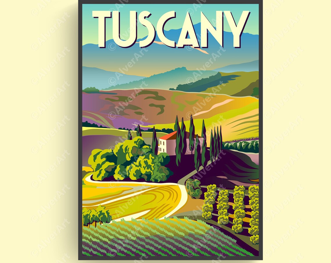 Tuscany Italy Vintage Travel Poster Rolling Hills Vineyard Art