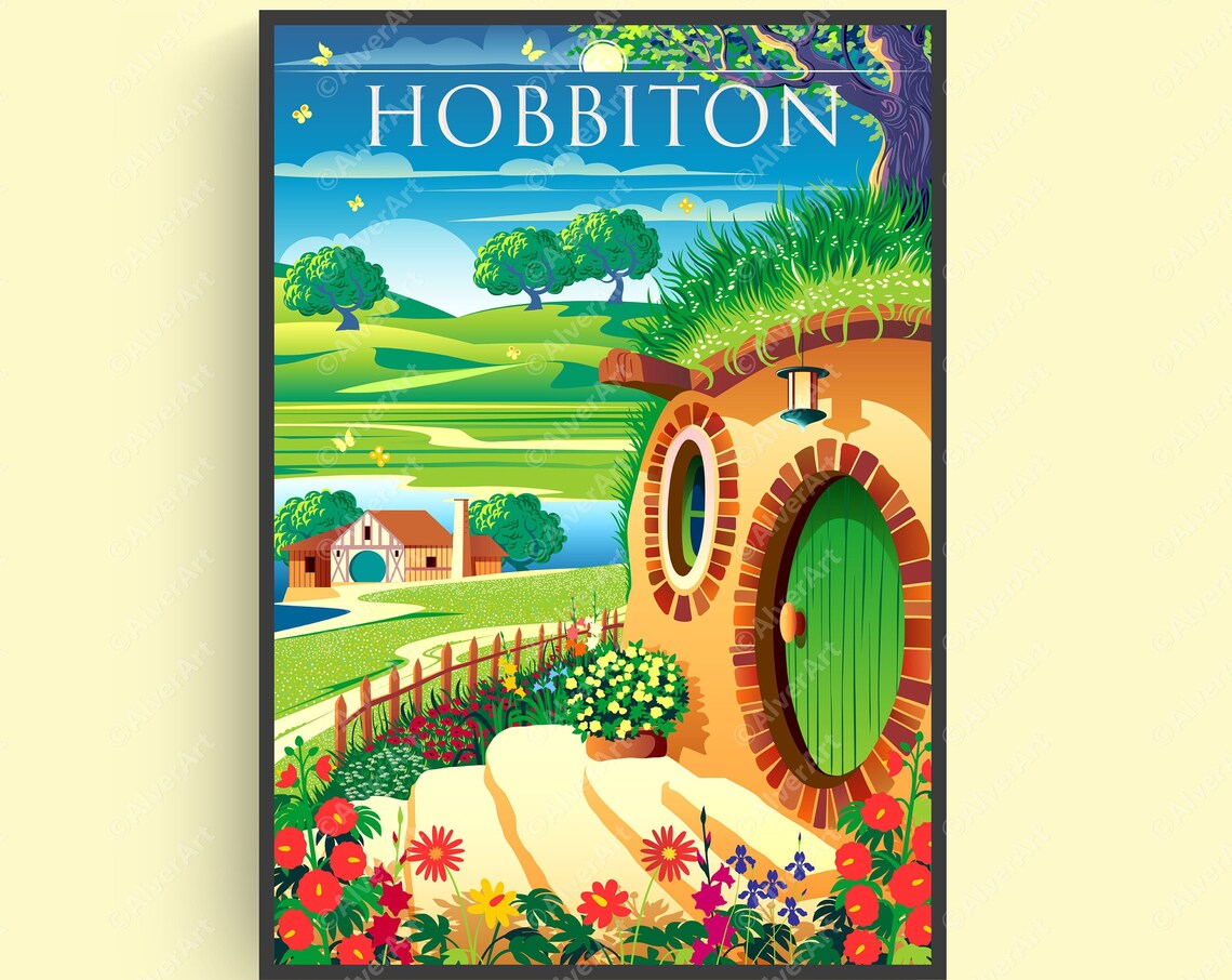 Hobbiton Shire Hobbit Hole Round Green Door Fantasy Travel Poster