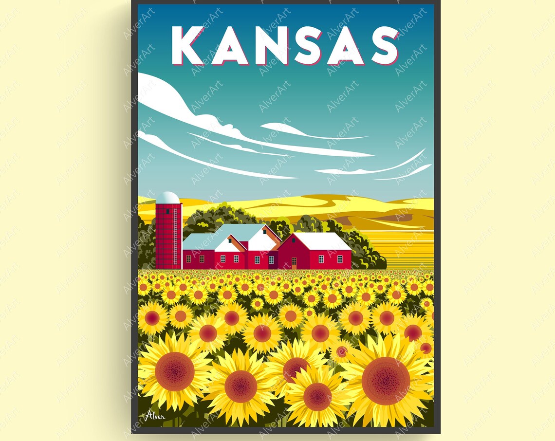 Kansas Sunflower Fields Red Barn Farm Countryside Retro Poster