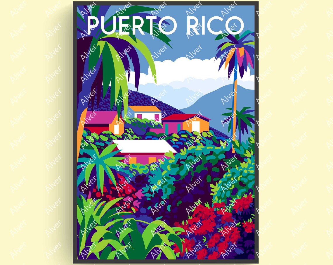 Puerto Rico Caribbean Hillside Jungle Houses Colorful Travel Poster