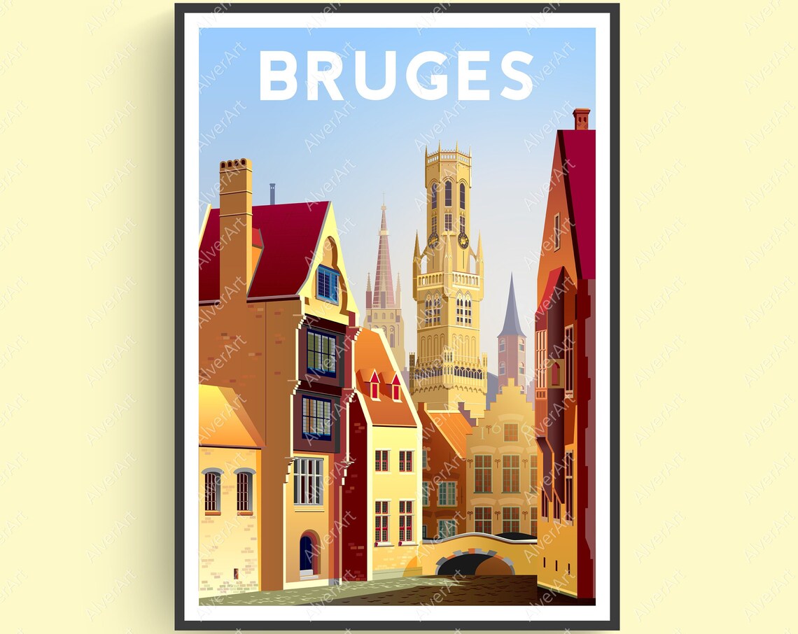 Bruges Belgium Belfry Canals Medieval Cityscape Travel Poster