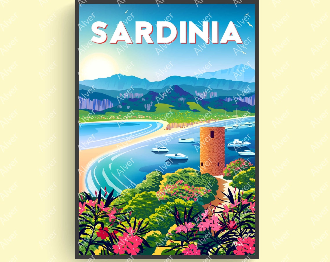 Sardinia Italy Coastal Bay Watchtower Sailboats Vintage Travel Poster
