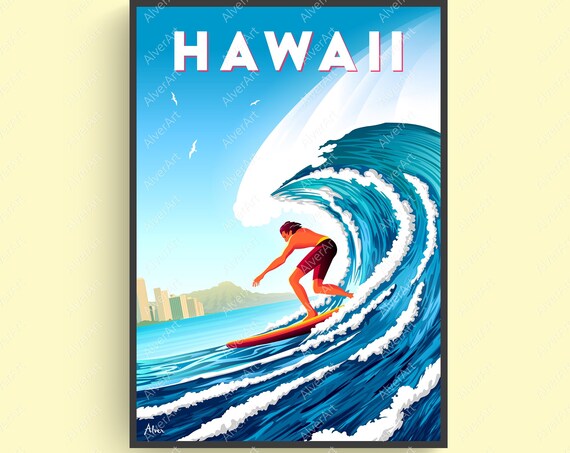 Hawaii Poster Hawaii Travel Print Surfing Wall Art Ocean Surfboard Wave Art Unframed