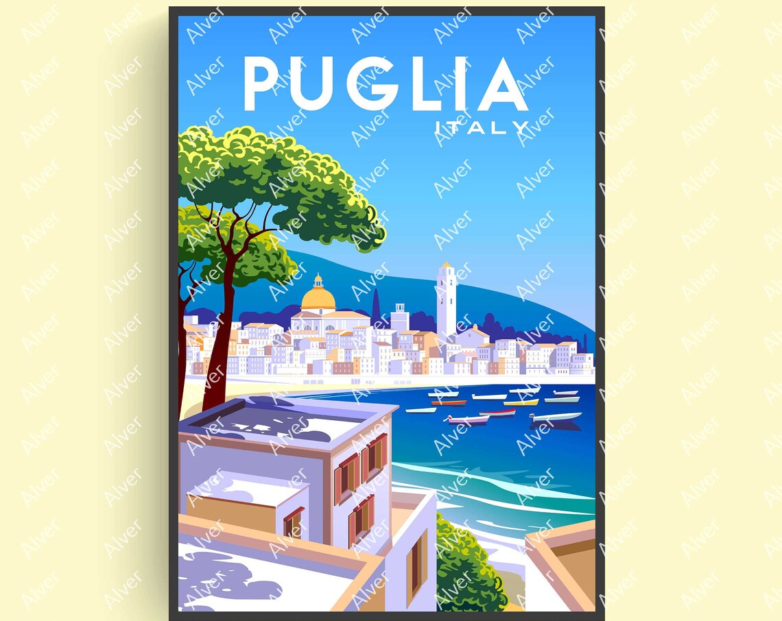 Puglia Italy Coastal Harbor Whitewashed Town Seascape Poster