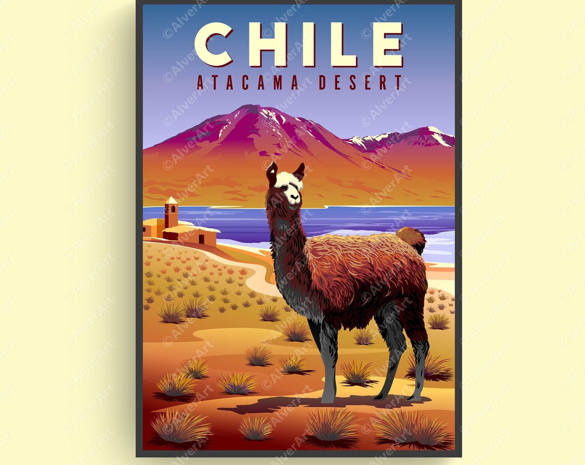 Chile Atacama Desert Llama Salt Flat Volcano Peaks Travel Poster