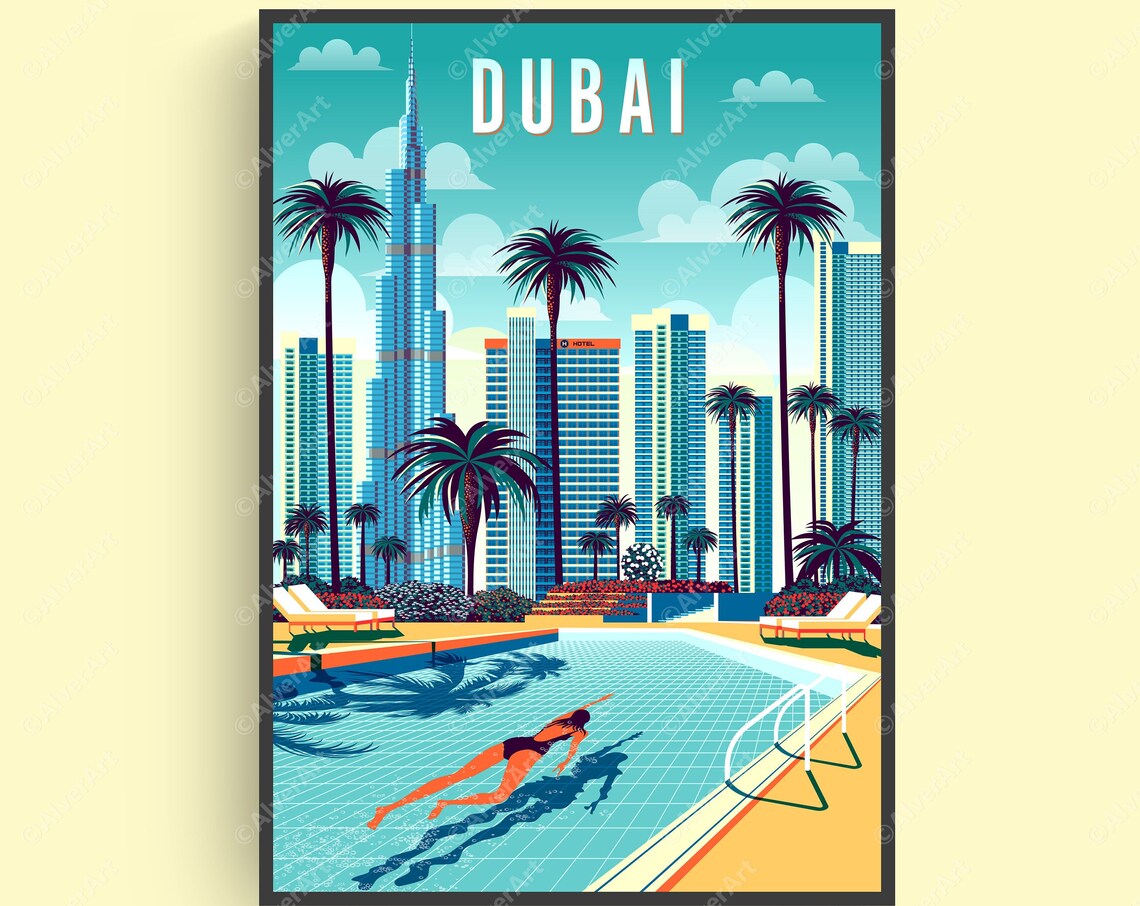 Dubai Luxury Skyline Burj Khalifa Rooftop Pool Retro Travel Poster