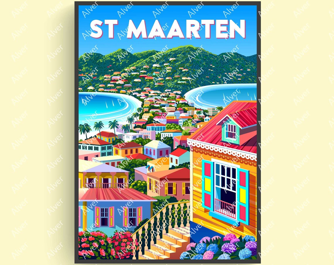 St. Maarten Caribbean Colorful Hillside Town Bay View Travel Poster
