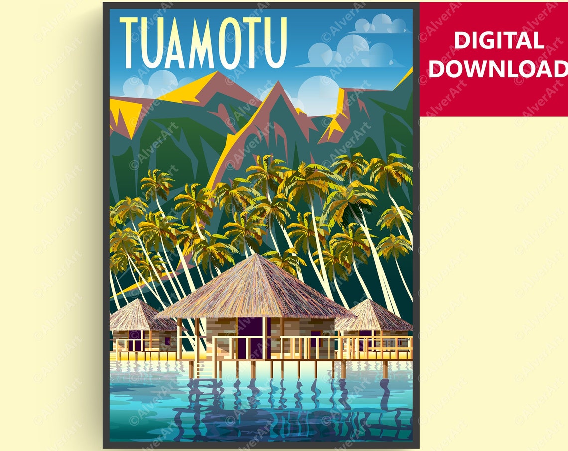 Tuamotu French Polynesia Overwater Bungalows Mountains Poster