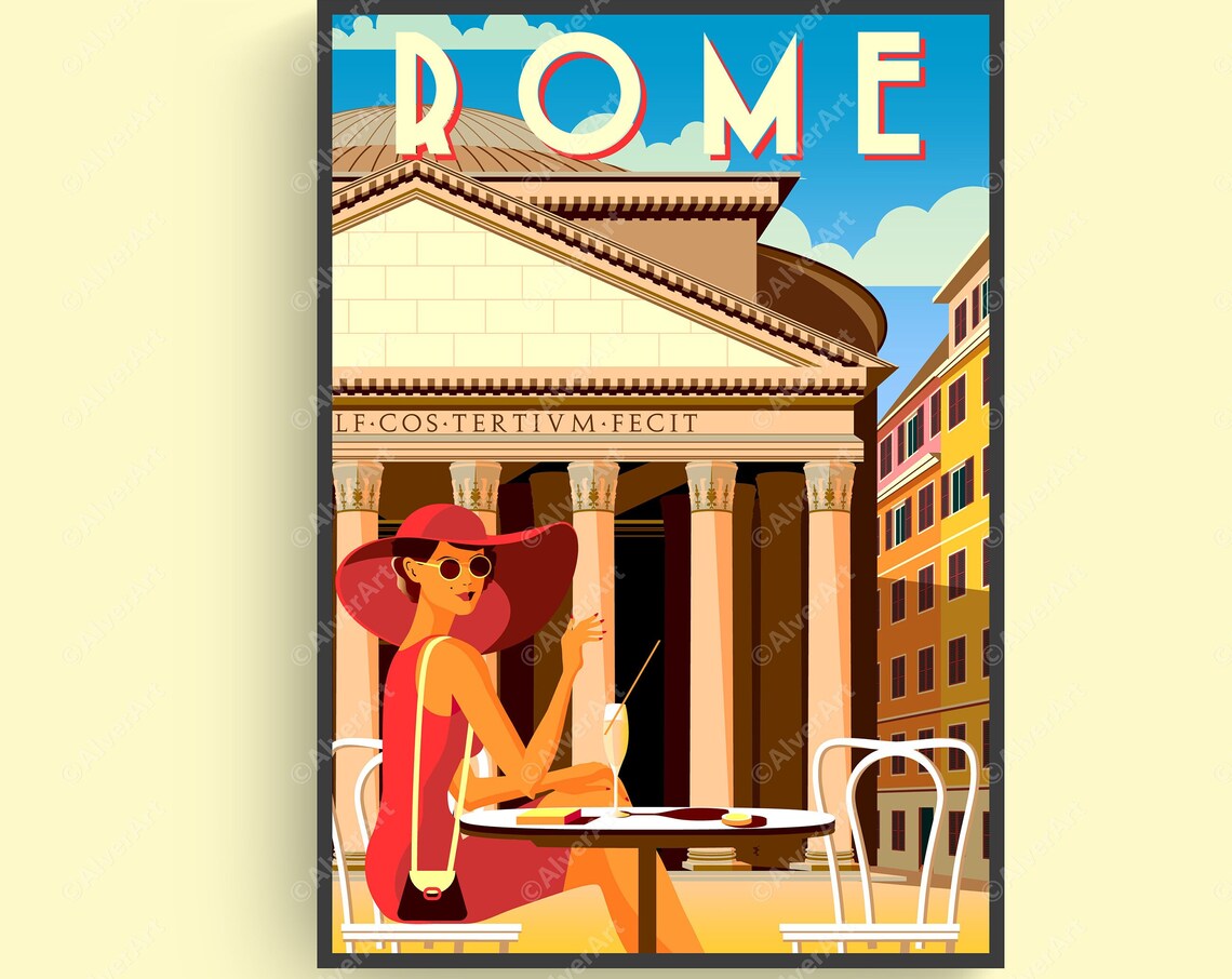 Rome Pantheon Vintage Travel Poster With Woman at Cafe Art Scene