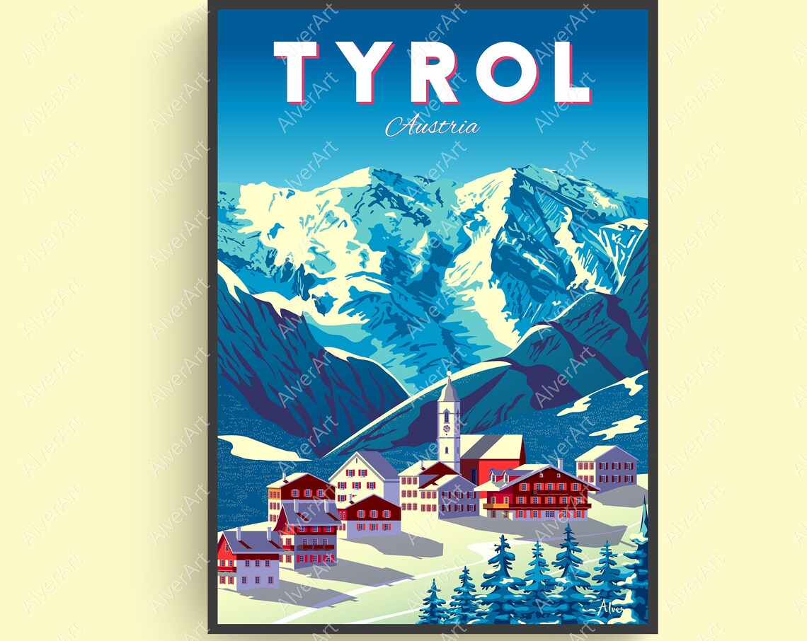 Tyrol Austria Alpine Village Snowy Peaks Vintage Travel Poster