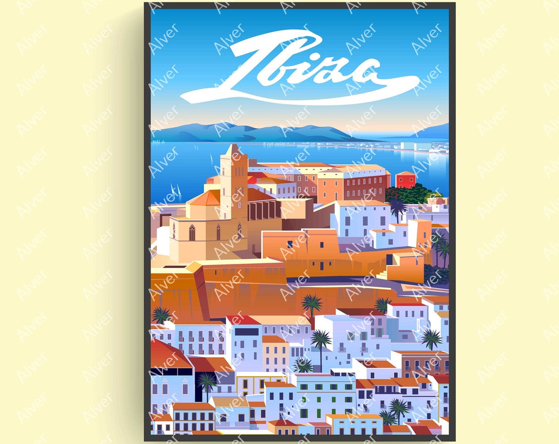 Ibiza Spain Travel Poster With Dalt Vila Old Town Harbor and Sea View