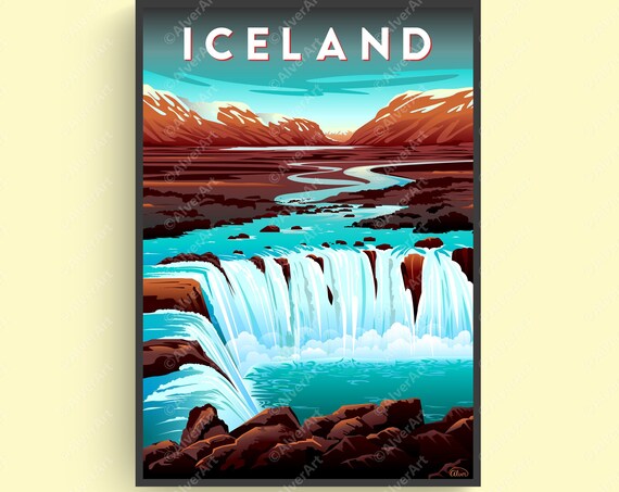 Iceland Poster Iceland Travel Print Iceland Wall Art Mountains Landscape Waterfall Unframed