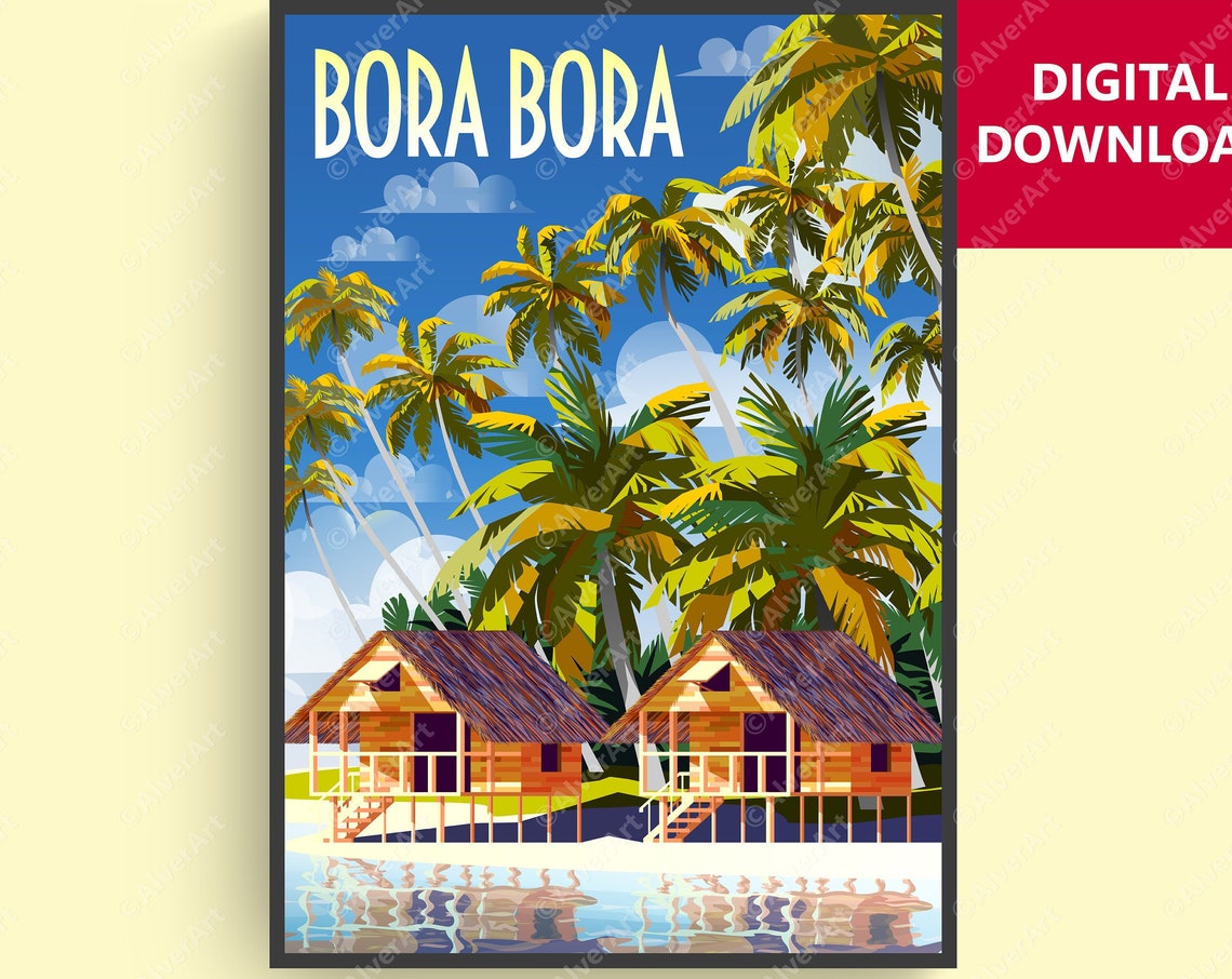 Bora Bora Overwater Bungalows Palm Trees Tropical Lagoon Poster